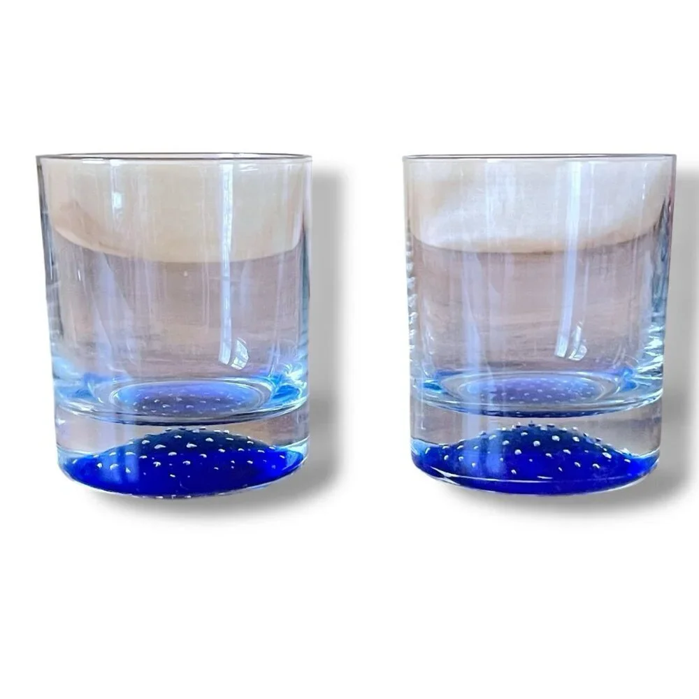 Vintage American Atelier Old Fashioned Rocks Glasses Blue Controlled Bubble 2 Pc